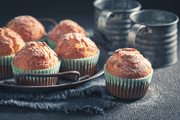 Homemade and tasty yogurt muffins on rustic dark table