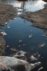 Garbage in the mud on the dirt road.