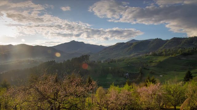 4k time lapse video of rural landscape in sunset light with blooming trees.