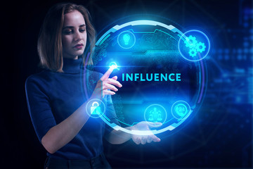 Business, Technology, Internet and network concept. Young businessman working on a virtual screen of the future and sees the inscription: Influence