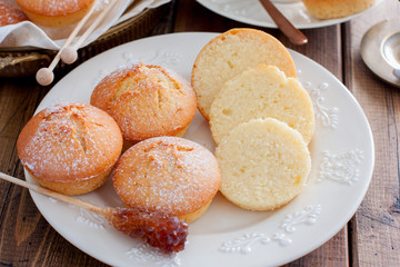 Homemade vanilla muffins sprinkled with icing sugar, selective focus