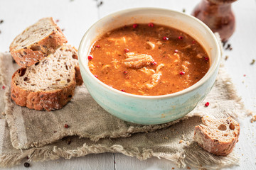Spicy tripe soup made of vegetables and red peppers