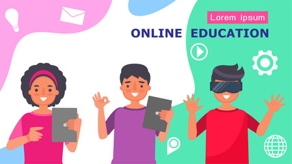 Male female students in primary and secondary school online education type educational instruction that is delivered via the internet to students using their home computer Cartoon character Vector.  