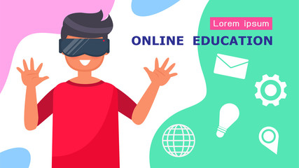 Students using vr technology online education type educational instruction that is delivered via the internet to students using their home computer Cartoon character Vector illustration.