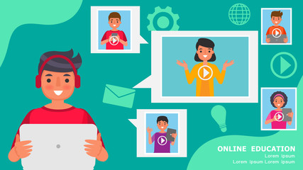 Student video calling online education type educational instruction that is delivered via the internet to students using their home computer Cartoon character Vector illustration.