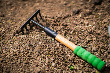 Detail of little rake - working tool stuck in the ground. Topic of the prepare garden at the cottage for the summer and hope to have a rich harvest.