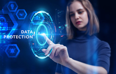 Business, Technology, Internet and network concept. Young businessman working on a virtual screen of the future and sees the inscription: Data protection