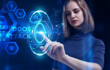 Business, Technology, Internet and network concept. Young businessman working on a virtual screen of the future and sees the inscription: Ddos attack