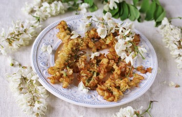 acacia flowers fried in batter. Edible flowers. foraging. 