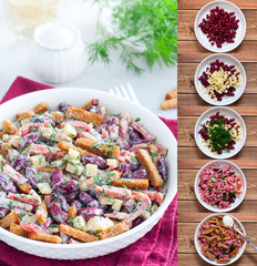 Collage of step by step cooking salad with red beans, smoked sausage, cheese and crackers in a white bowl, selective focus