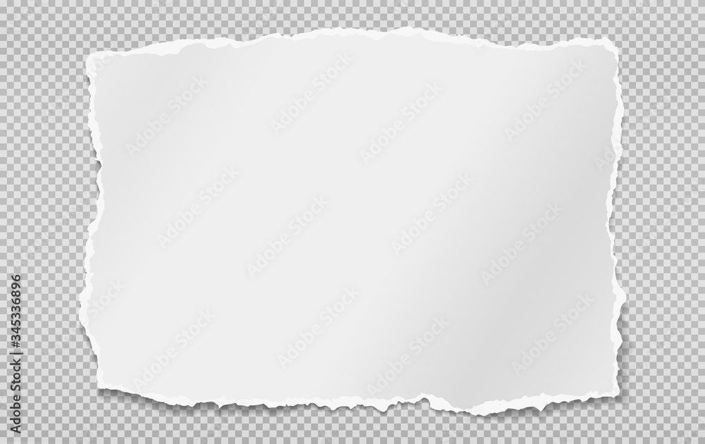 Poster piece of torn white note, notebook paper with soft shadow stuck on squared background. vector illust