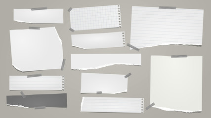 Torn of white note, notebook paper strips, pieces stuck with sticky tape on grey background. Vector illustration