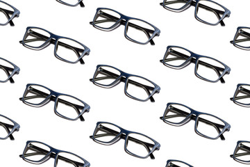 Pattern of blue glasses on a white background with shadow