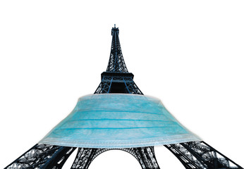 Eiffel tower or Tour Eiffel with with surgical mask, symbol of Paris with Covid-19 isolated on white background. France and SARS-CoV-2 pandemic. French at time of Coronavirus and quarantine.