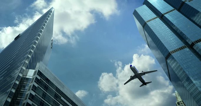 an airplane flying over the skyscrapers of the city of Tokyo