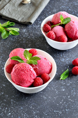 Raspberry ice cream in bowl