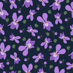 Seamless vector illustration. Violets with leaves on a dark background. Printing on fabric and wallpaper. Cover for notebook