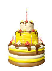 Huge multilevel birthday cake with chocolate top and burning candles on white background. 3D illustration