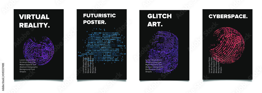 Aufkleber Set of cyberpunk/ vaporwave/ synthwave style futuristic posters with binary code and 3d figures. Collection of covers for music, hackathon or informational security event.