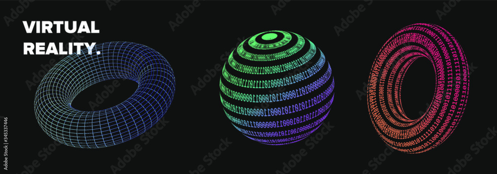 Aufkleber Set of 3d shapes made of binary code or from square wireframe. Concept of virtual reality VR, artificial intelligence AI and Big Data. Collection of vector elements for logotype, poster, cover design.