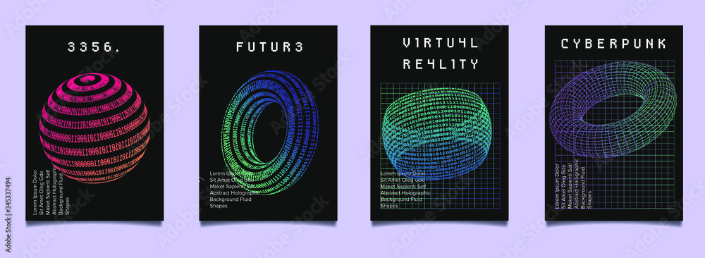 Aufkleber Set of cyberpunk/ vaporwave/ synthwave style futuristic posters with binary code and 3d figures. Collection of covers for music, hackathon or informational security event.