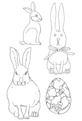 Rabits Easter Vector hand drawn set rabbits and floral egg isolated on white background Elements for Easter design