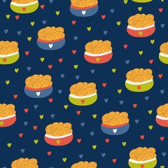 Vector seamless pattern with sweet buns in colorful bowls and hearts. Blue, red, green colors. Great for fabrics, baby clothes, wrapping papers, covers. Hand drawn illustration on deep blue background