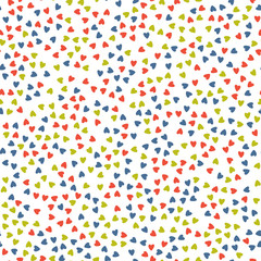 Vector seamless pattern with small colorful hearts. Blue, red, green colors. Great for fabrics, baby clothes, wrapping papers, covers. Hand drawn illustration on white background.
