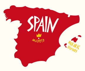 Vector hand drawn stylized map of Spain. Travel illustration of Spain Kingdom shape. Hand drawn lettering illustration. Europe map element