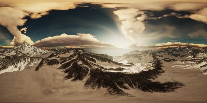 rays of sunset on the tops of the mountains on a sunny day. vr360 virtual reality