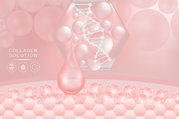 Hyaluronic acid skin solutions ad, pink collagen serum drop with cosmetic advertising background ready to use, illustration vector.