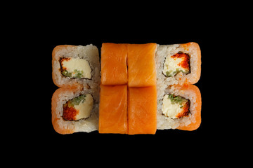 Japanese food: Set of salmon sushi and rolls with salmon and eel