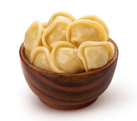 Meat dumplings in wooden bowl isolated on white backgroun