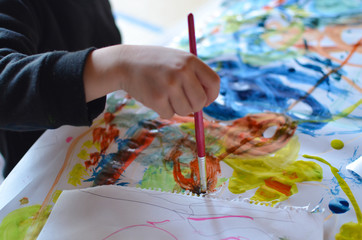 Children painting with watercolor on paper