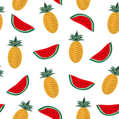 Tropical fruits, watermelon and pineapple seamless pattern on white background.
Good for textile print, wall, and wrapping paper, summer gift design.