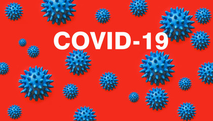 a virus cell. coronavirus, covid 19, blue ball on a red background.