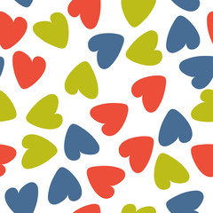 Vector seamless pattern with  colorful hearts. Blue, red, green colors. Great for fabrics, baby clothes, wrapping papers, covers. Hand drawn illustration on white background.