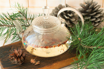 Tea with pine buds for treating colds. Herbal medicine.