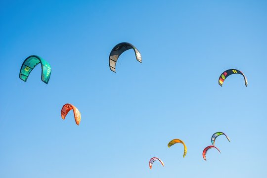 Colorful kites in Loutsa Greece on a sunny summer day, horizontal