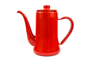 Traditional classic bright red enamel metal coffee pot with a lid, handle and tall spout shot in a white studio.