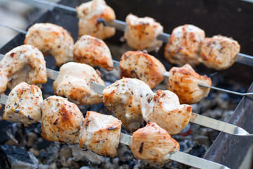 The process of cooking shashlik from fresh juicy meat with flavorful seasonings on skewers on the grill. Summer picnic in nature. Family weekend in the country.