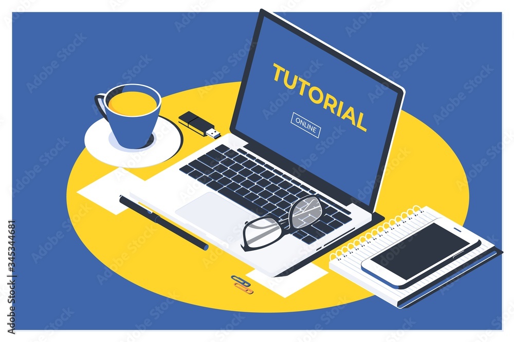 Poster isometric illustrations design online video tutorial concept. education and online courses, web tuto