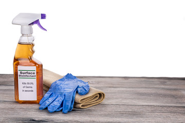 Surface disinfectant spray with gloves and cloth, tools for instant sanitization against germs