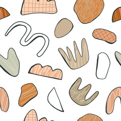 Abstract seamless pattern with graphic shapes and objects on white background.  Contemporary art. Universal vector background for your design.