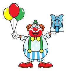 Funny Clown with happy facial expressions carrying Birthday Gift and balloon Cartoon Vector