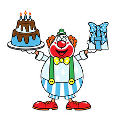 Funny Clown with happy facial expressions carrying Birthday cake and gift Cartoon Vector