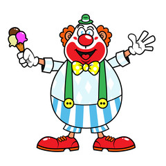 A Clown carrying an ice cream and greeting good for ice cream shop Mascot Characters Cartoon Vector