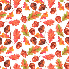 watercolor illustration, seamless pattern, autumn leaves and acorns, wallpaper and fabric ornament, wrapping paper