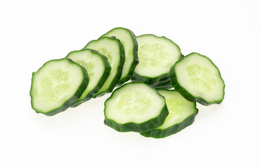 Cucumber and slices isolated over white background.