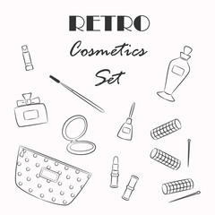 Minimalist Outline Vector Illustration. Set of Vintage Style Cosmetic Products and Women Items. Isolated Retro Lipstick, Perfume, Rollers, Makeup Bag, Nail Polish, Brush, Mirror Icons